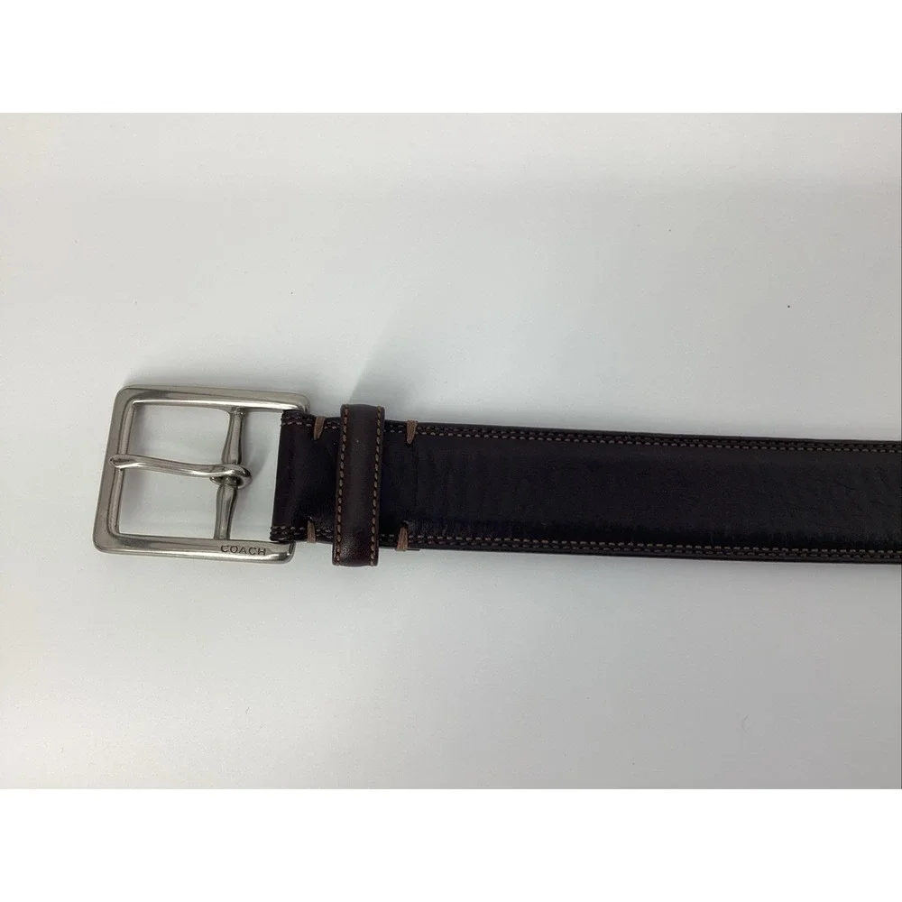 Coach Calfskin Brown Leather Belt #3752 Silver Tone Brass Buckle Mens 36
